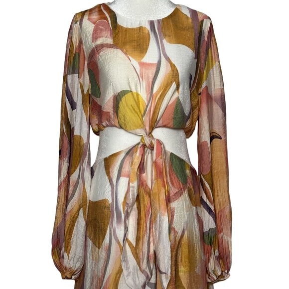 Abstract Print Maxi Dress Cutout Tie Front Long Sleeve Size 8 - Picture 7 of 12